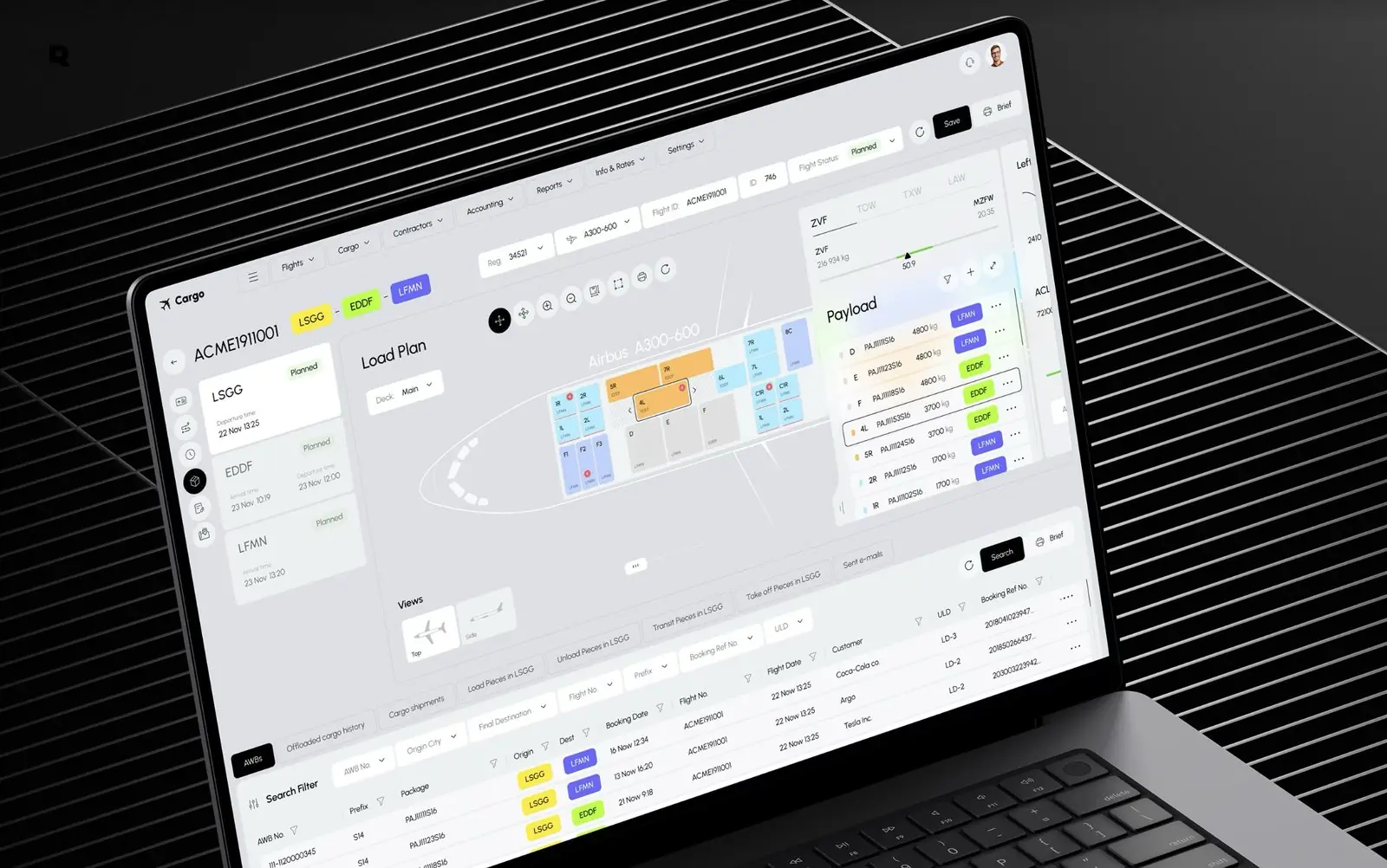 The cargo load planning platform by Mectzi, open on a laptop